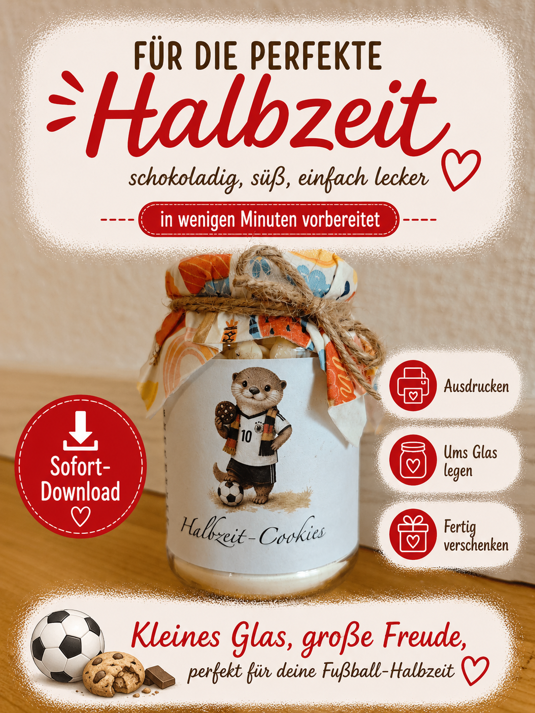 Halbzeitcookies im Glas – Mitbringsel für den Fußballabend | Sofort-Download
